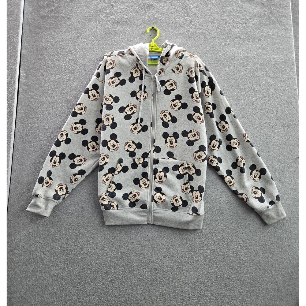 Disney Women Hoodie 1X Gray Graphic Fleece Mickey Mouse Allover Print Full Zip